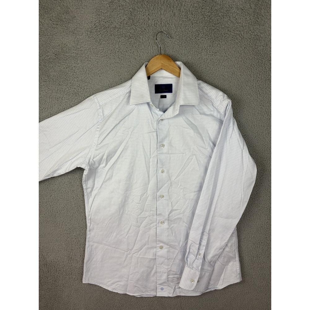 David Donahue Shirt Mens 16.5 34/35 White Blue Check Trim Fit Dress Long Sleeve